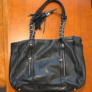 B. Makowsky Black Leather Shoulder Bag with Chain Detail